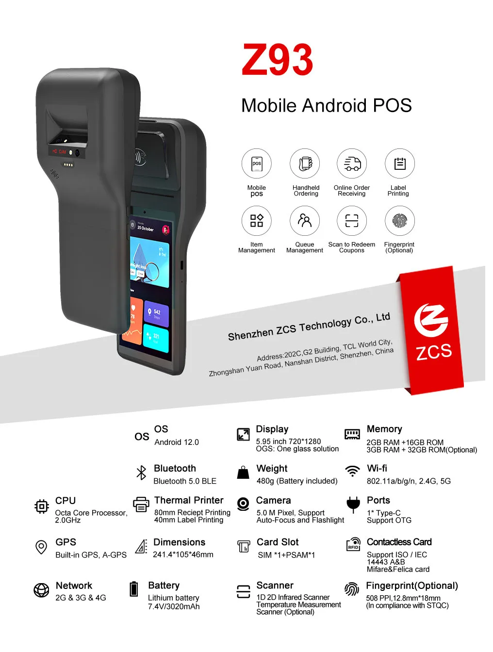 ZCS Z93 Android Terminal Handheld 80mm Thermal Printer